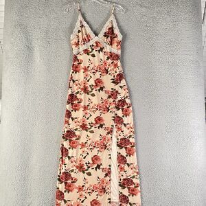 Jessica Simpson Maxi Dress Womens Large Pink Rose Floral Lace Babydoll Coquette